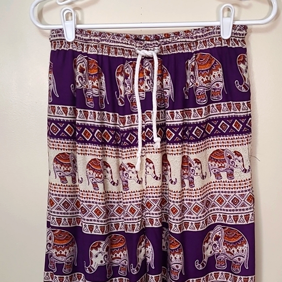 Indian Elephant Print Pull On Pants in Purple Gold Jogger Soft Rayon OS - Picture 2 of 8